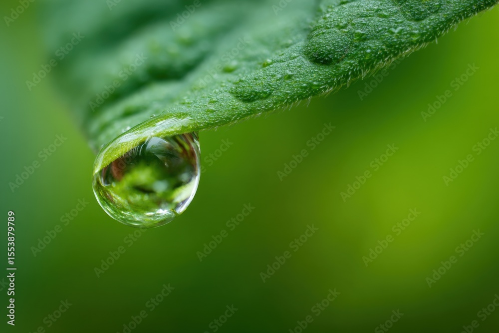 Poster close-up of a vibrant green leaf with a single water droplet hanging from the tip, detailed surface 