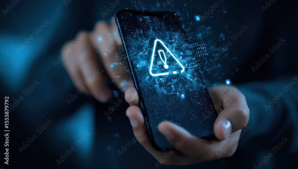 Aufkleber Close-up of a person holding a smartphone displaying a digital cybersecurity alert symbol with glowing effects and a dark background