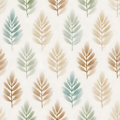 Soft watercolor leaf pattern in pastel green, brown, and blue tones, perfect for seamless backgrounds, textiles, and nature-inspired designs.

