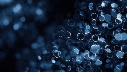 Highly detailed futuristic abstract digital background with interconnected glowing hexagons and floating geometric shapes in dark blue tones