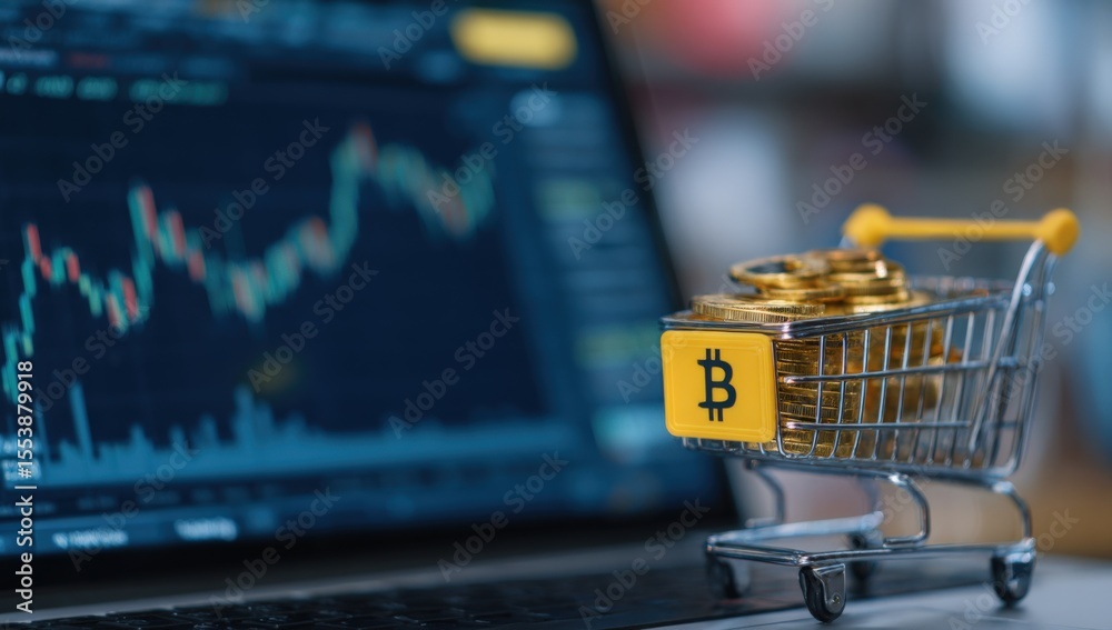 Aufkleber digital cryptocurrency shopping cart with bitcoin symbol and stacked coins in front of financial tra