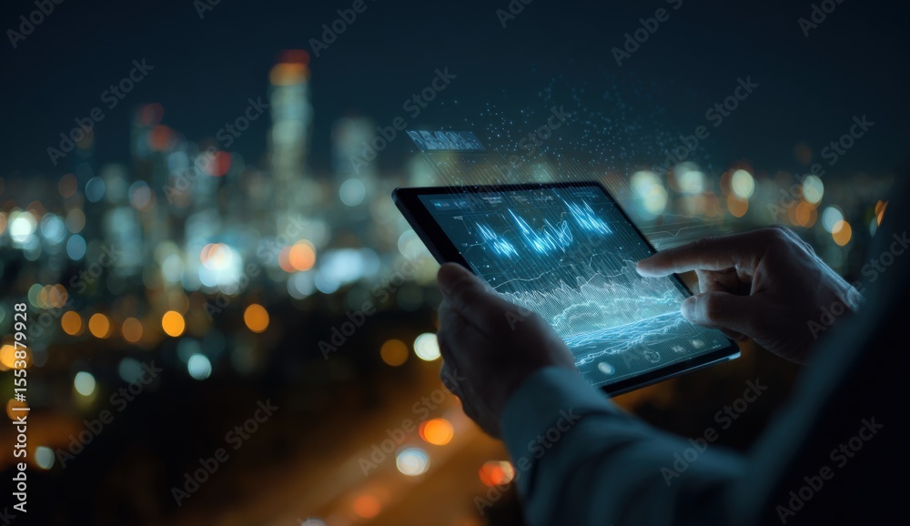 Poster Person Using Smartphone with Digital Data Visualization on Screen Against Night Cityscape with Blurred Lights and Skyscrapers Background