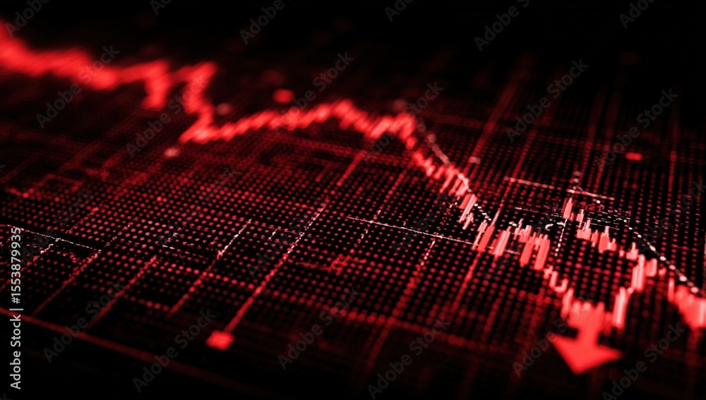 Poster High-Tech Red Digital Stock Market Graph Chart Background Showing Decline and Market Volatility with Data Visualizations for Financial Analysis