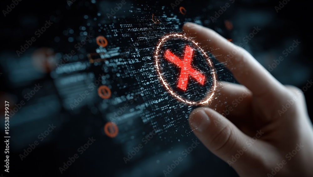 Poster Digital security threat technology concept with hand pointing to red cross symbol hologram in dark background with data streams and cybersecurity icons