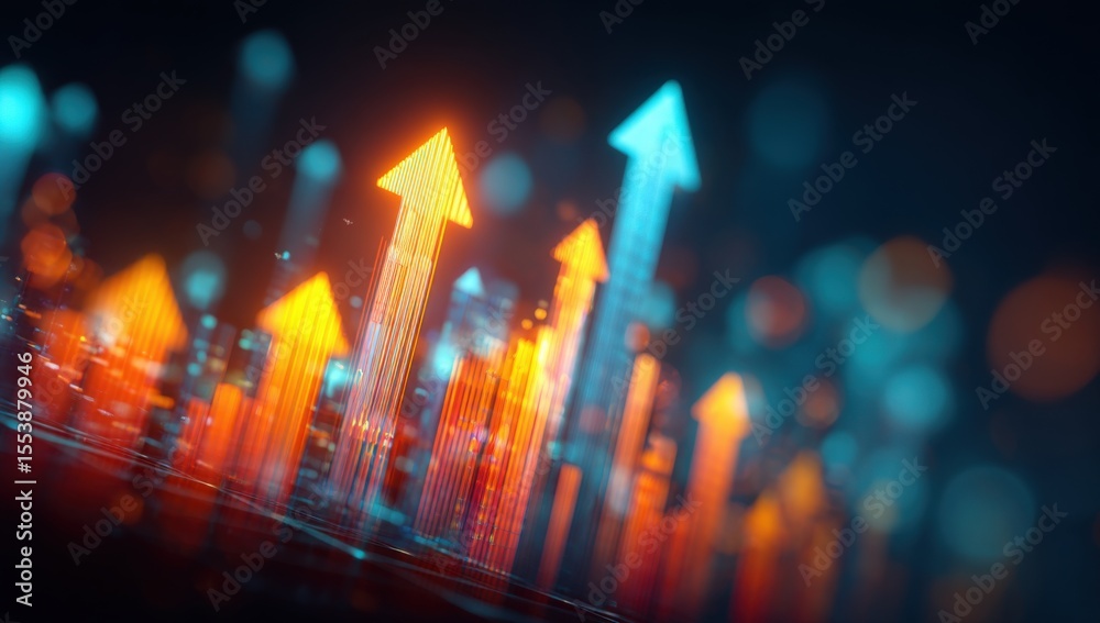 Aufkleber Abstract digital visual representing growth and progress with rising colorful arrows over a city skyline and glowing bokeh effects