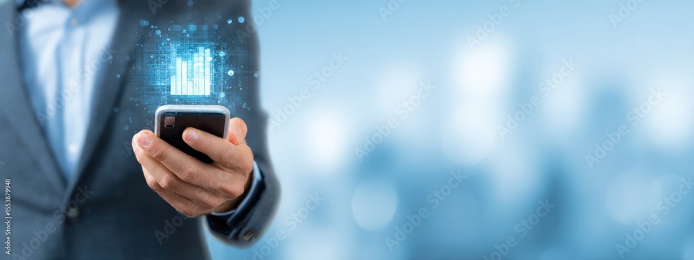 Aufkleber Businessman Using Smartphone With Digital Data and Graphs Overlay for Technology and Communication Concept in Modern Office Environment