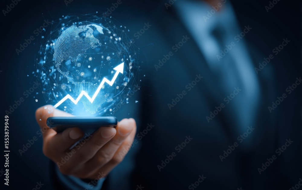 Poster businessman interacting with a digital hologram of a global network and upward growth arrow represen