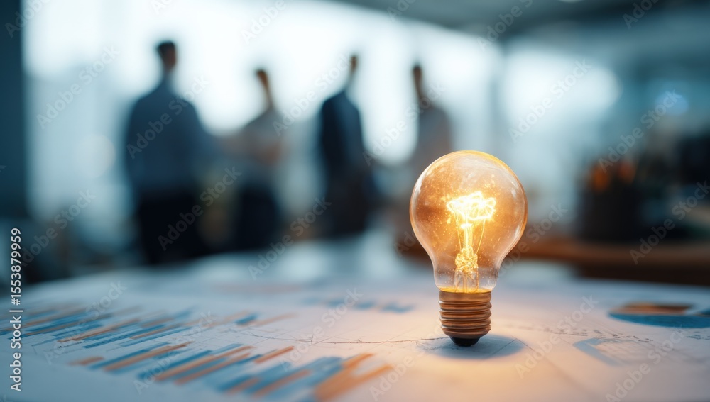 Aufkleber close up of light bulb on a surface with business people blurred in background, modern office settin