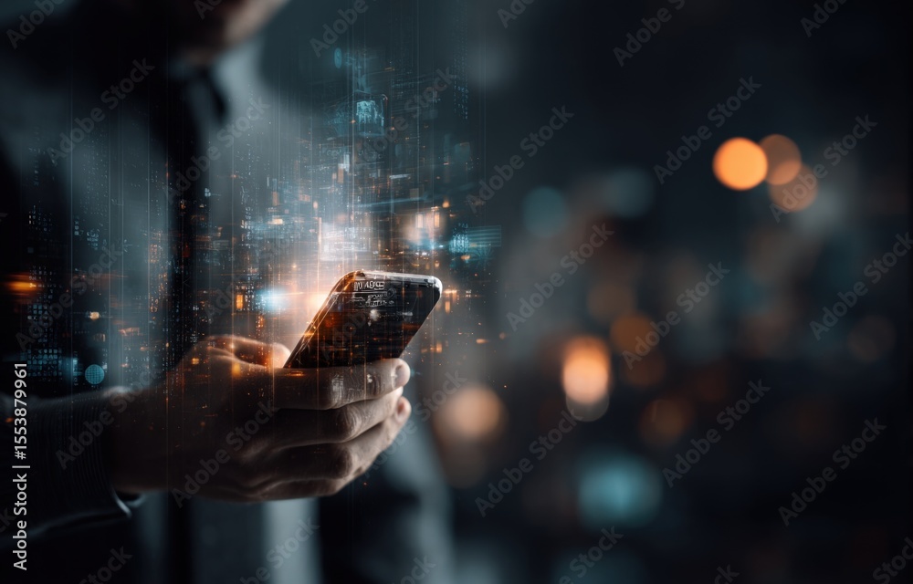 Aufkleber Person Using Smartphone in the Dark at Night with Glowing Data and Digital Network Effects in a Cityscape Environment