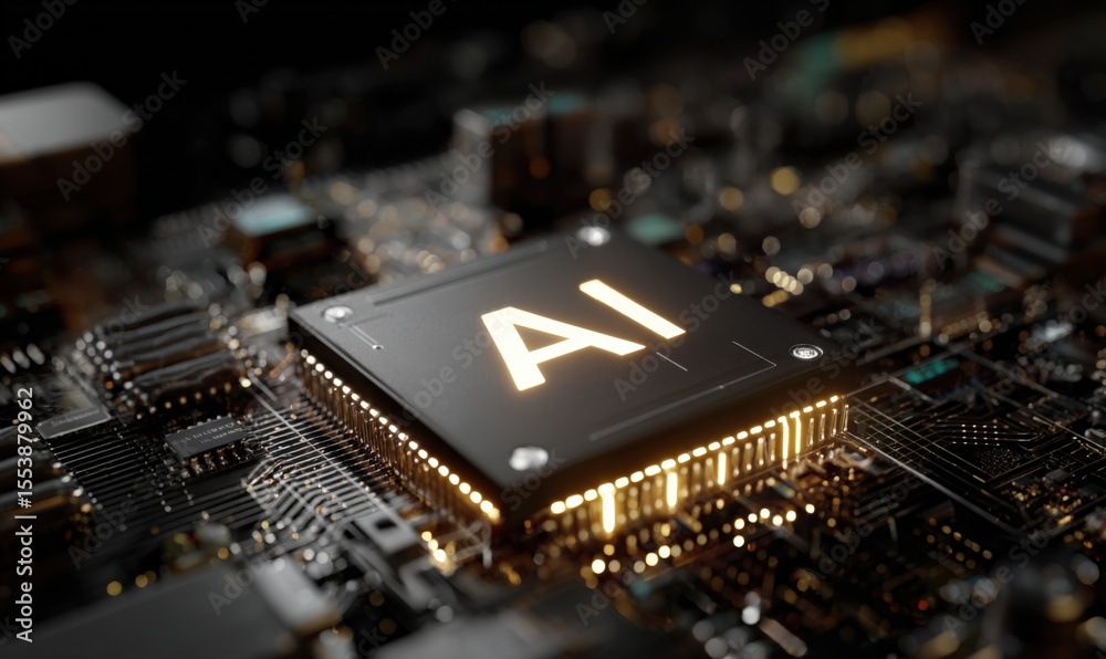 Aufkleber High-tech artificial ligence chip on complex electronic circuit board with glowing AI label and intricate microchip details for advanced computing