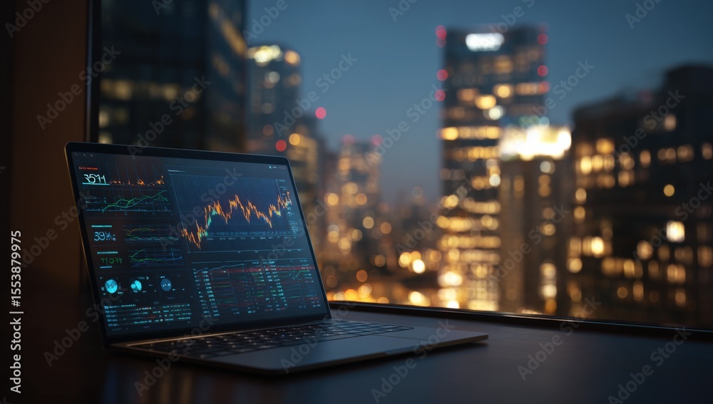 Poster Modern cityscape at night with illuminated skyscrapers and a computer monitor displaying financial stock market data and analytics