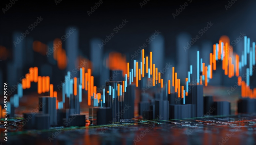 Poster vibrant neon light financial market analysis with graphs and data visualization showing stock market