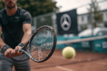 Male tennis player in action hitting a forehand shot on a clay court du daytime with a tennis ball in focus and a sports facility background