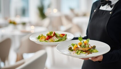 Elegant waiter serving two plates of gourmet salad with fresh vegetables in upscale fine dining restaurant setting with blurred background
