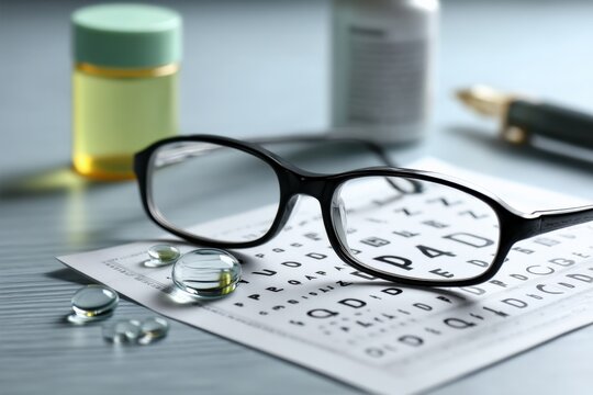 Eyeglasses resting on eye chart with eye drops and eye care medicine bottles on light blue background for vision testing and eye health care - Powered by Adobe