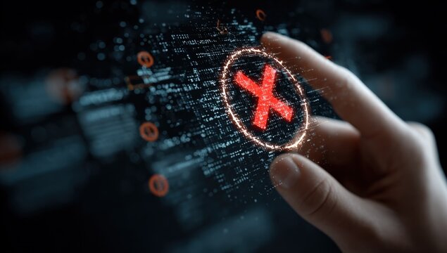 Digital security threat technology concept with hand pointing to red cross symbol hologram in dark background with data streams and cybersecurity icons