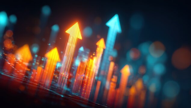Abstract digital visual representing growth and progress with rising colorful arrows over a city skyline and glowing bokeh effects