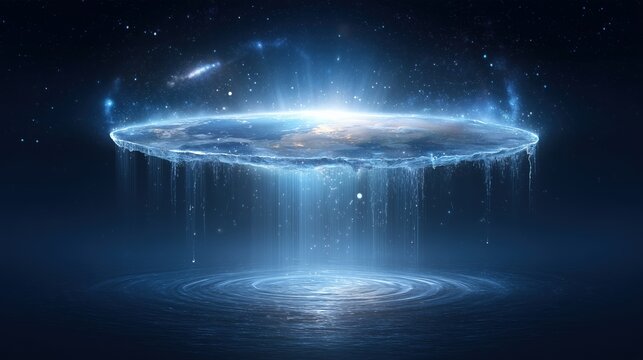 Flat Earth in space with water falling from the edges, cosmic view of Flat Earther Earth model