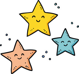Cute Hand-Drawn Doodles of Smiling Multicolor Stars in Various Sizes and Expressions

