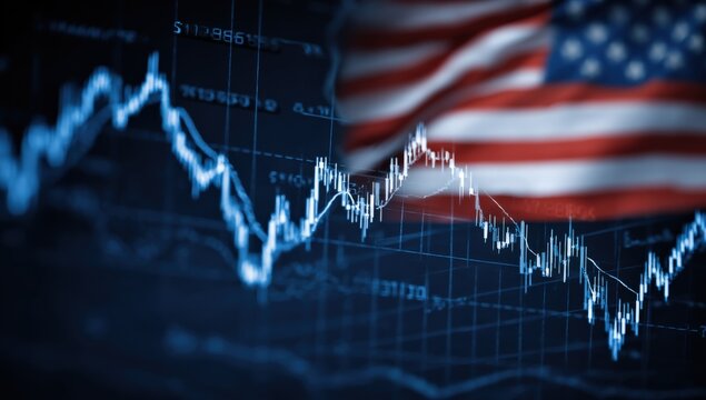 Financial stock market chart with upward trend line overlaid on American flag background highlighting economic growth and market performance analysis