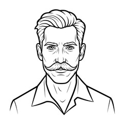 Man with classic handlebar mustache and no beard Portrait of a man with a stylish mustache and hairstyle, illustrated in black and white for barbershop theme.