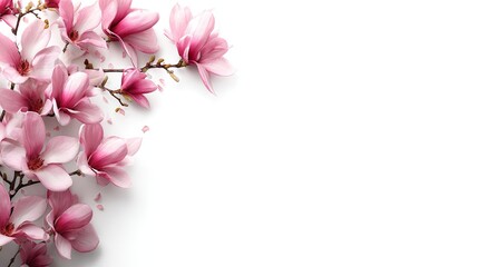 Delicate pink magnolia blossoms arranged artfully on a white backdrop.