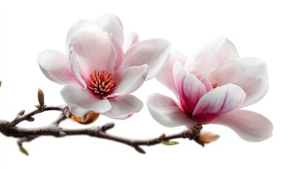 Delicate magnolia blossoms on a branch.