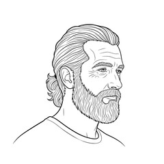 Man with salt-and-pepper beard and relaxed ponytail Profile portrait of a bearded man with long hair in a bun, illustrated in black and white for barbershop theme.