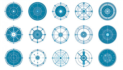 Collection of sixteen teal-blue circular designs, featuring concentric circles, radial lines, and geometric patterns, exhibiting varying levels of complexity and symmetry