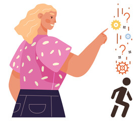 Woman points at colorful gears, question marks, and exclamation points, symbolizing problem-solving, decision-making, and solutions. Ideal for strategy, creativity, leadership vision concepts