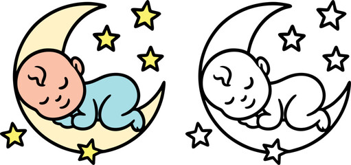 Minimalist illustration of baby sleeping on moon with stars – Black and white or colored continuous line vector art