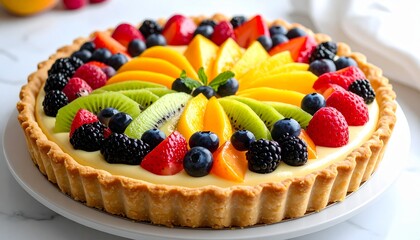 Fresh Fruit Tart with Pastry Cream. Vegetarian Dessert Close Up