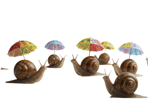 A Procession of Snails Under Colorful Umbrellas A Surreal Study in Patience and Perseverance isolated on transparent baackground