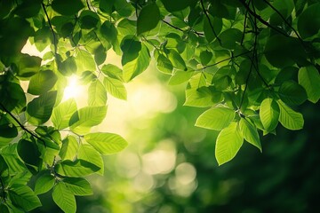 Sunlight filtering through a canopy of lush, vibrant leaves, dappled light, sense of natural tranquility, billboard aspect ratio.