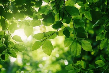 Sunlight filtering through a canopy of lush, vibrant leaves, dappled light, sense of natural tranquility, billboard aspect ratio.