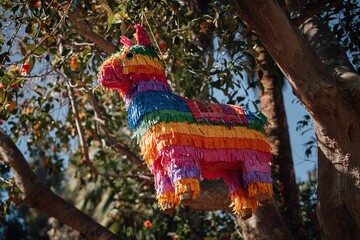 Festive colorful pinata hanging in a tree for a celebration | volcanic eruption