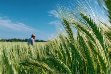 Farmer in wheat field inspecting the crop under the blue sky.