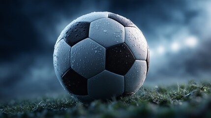 Fototapeta premium Soccer Ball on Wet Grass at Dusk