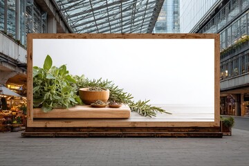 Urban Herbs: Fresh Spices Displayed on a Wooden Stand