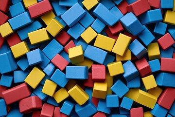 Scattered, colorful building blocks forming an abstract, playful pattern, suggesting creativity and foundational learning, billboard aspect ratio.