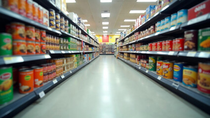 Fototapeta premium Aisle View of Organized Modern Supermarket Shelves with Grocery Goods