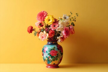Colorful floral arrangement in patterned vintage vase on table.
