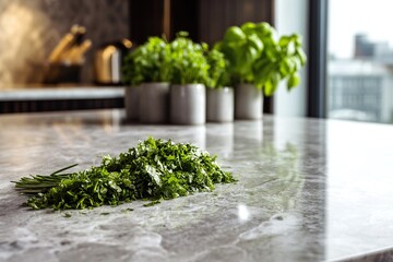 Fresh herbs on marble kitchen counter with plants in background