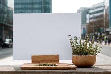 Culinary herbs arrangement on a wooden surface with blank sign.