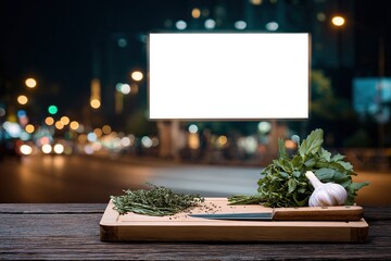 Fresh herbs, garlic, and knife on a cutting board at night.