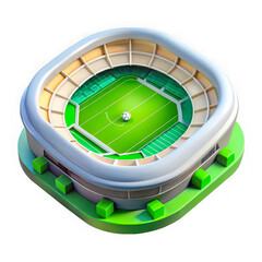 Modern soccer stadium with green field and ball isolated on transparent background