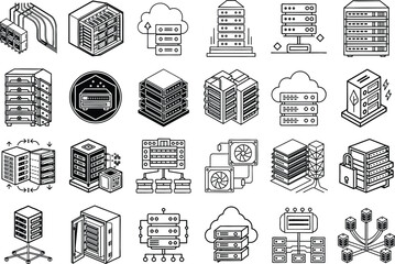 Black and White Vector Illustration Server Rack Bundle Isometric Designs Blinking Lights Cable