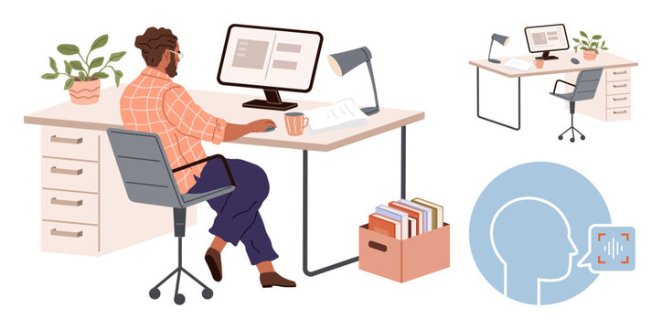 Businessman focused on a computer monitor at a tidy desk with books, coffee mug, desk lamp, plant. Ideal for productivity, organization, workplace, remote work, professionalism focus simple flat