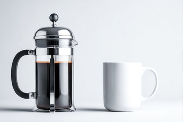 Obraz premium A French press coffee maker filled with freshly brewed coffee, next to a blank white cup, perfect for a cozy coffee moment.