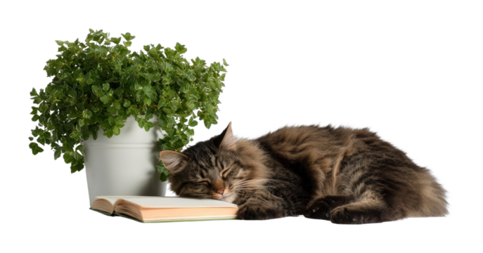 PNG Cat sleeping next to a book and potted ivy plant relaxation peaceful.